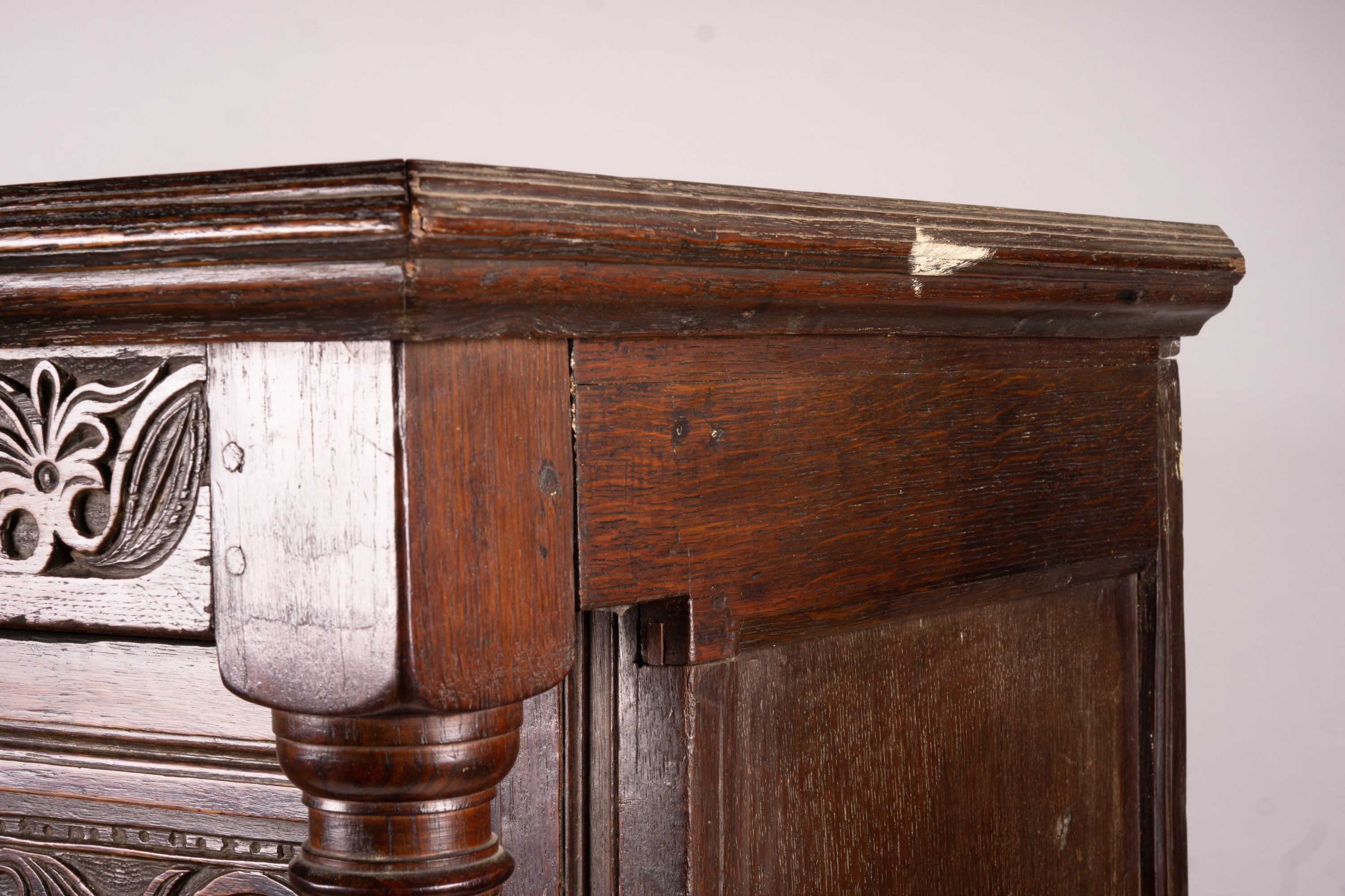 An early 18th century oak court cupboard, width 128cm, depth 59cm, height 172cm